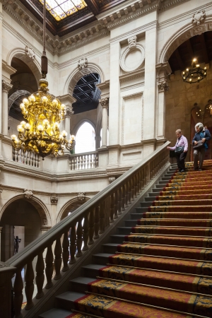 BARCELONA, CATALONIA - APRIL 23: Staircase of Honor in interior of city hall in April 23, 2013 in Barcelona, Catalonia. 
It was built by  Pere Falques in 1894
 のeditorial素材