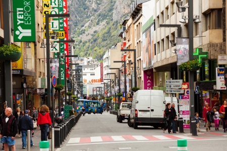 ANDORRA LA VELLA, ANDORRA - MAY 8: View of streets with shops in Andorra la Vella in May 8, 2013 in Andorra la Vella, Andorra.
City located in the east Pyrenees between France and Spain  and famous for its duty-free shopsのeditorial素材
