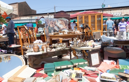 BARCELONA, SPAIN - JUNE 14: Flea market in June 14, 2013 in Barcelona, Spain. 
Mercat Fira de Bellcaire is one of the oldest markets in Europe, has been known since the 14th centuryのeditorial素材