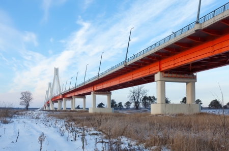 MUROM, RUSSIA - DECEMBER 18: Cable bridge in December 18, 2012 in Murom, Russia. Murom bridge through Oka River,  cable bridge length of about 1400 meters. Russiaのeditorial素材