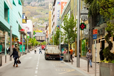 ANDORRA LA VELLA, ANDORRA - MAY 8: Streets with shops in Andorra la Vella in May 8, 2013 in Andorra la Vella, Andorra.
City located in the east Pyrenees between France and Spain  and famous for its duty-free shopsのeditorial素材