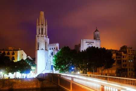 night view of Girona - Collegiate Church of Sant Feliu. Catalonia, Spainの写真素材