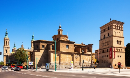 ZARAGOZA, SPAIN - JULY 4: Church of San Juan de los Panetes and Zuda Tower in July 4, 2013 in Zaragoza, Spain. 
Tower that remains of the palace of the Muslim. Now there is tourist officeのeditorial素材