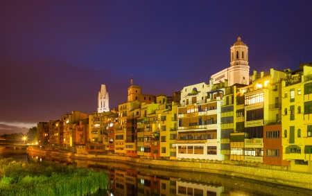 Evening view of of Girona - picturesque houses on the river bank. Catalonia, Spainのeditorial素材