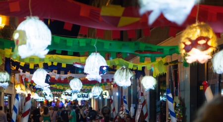 BARCELONA, SPAIN - AUGUST 15: Festa Major de Gracia in night in August 15, 2013 in Barcelona, Spain.
Decorated streets of Gracia districtのeditorial素材