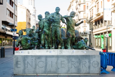 PAMPLONA, NAVARRE - JULY 5: Monument of Encierro in July 5, 2013 in Pamplona, Navarre.
Monument is located in the historic part of  cityのeditorial素材