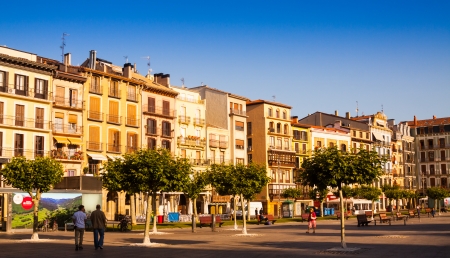 PAMPLONA, NAVARRE - JULY 5:  View of Plaza del Castillo in summer in July 5, 2013 in Pamplona, Navarre.Square  located in the historic part of  city のeditorial素材