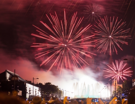 BARCELONA, SPAIN - SEPTEMBER 24: Fireworks show  on September 24, 2013 in Barcelona, Spain.Light and music show at closing ceremonies of La Merce Festival のeditorial素材