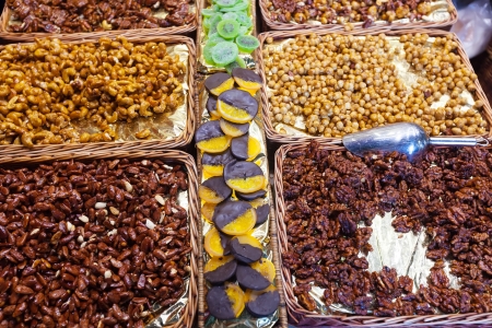 Sweet nuts on the counter of the Spanish marketの写真素材