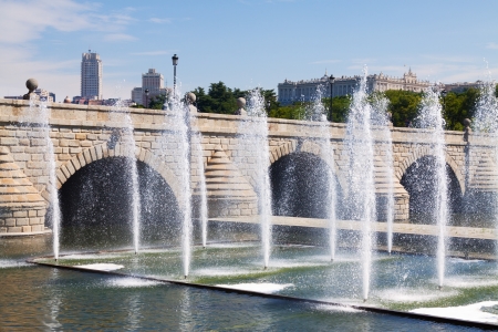 fountains and bridge over Manzanares river in summer day. Madrid, Spainの写真素材