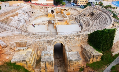 ancient Roman amphitheater at Mediterranean. Tarragona, Spainのeditorial素材