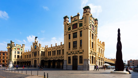 VALENCIA, SPAIN - AUGUST 27: Exterior of North station (Estacio del nord) on August 27, 2013 in Valencia, Spain. It is main railway station in Valenciaのeditorial素材