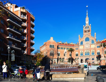 BARCELONA, SPAIN - DECEMBER 22, 2013: Hospital of the Holy Cross and Saint Paul in Barcelona. Was built between 1901 and 1930 by Catalan modernist architect Lluis Domenech i Montaner のeditorial素材
