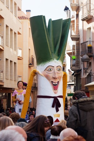 VALLS, CATALONIA - JANUARY 26, 2014  Calcotada -  gastronomical event in Catalonia  Gigant of  Calsot during Calcotada at streets in Vallsのeditorial素材