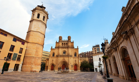 Wide angle shot of Fadri tower and Gothic Cathedral. Castellon de la Plana, Spainの写真素材