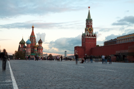 Intercession Cathedral  and the Spassky Tower of Moscow Kremlin at Red Square in Moscow. Russiaのeditorial素材