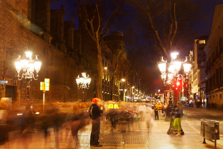 BARCELONA, SPAIN - MARCH 13, 2014:  La Rambla in night.  Center of touristic life in Barcelonaのeditorial素材