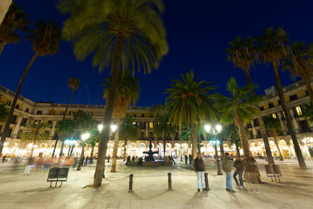General view of Placa Reial in  evening time. Barcelona, Cataloniaのeditorial素材