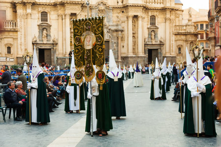 MURCIA, SPAIN - APRIL 15, 2014: Semana Santa in Murcia.Holy Week is  annual commemoration  by...