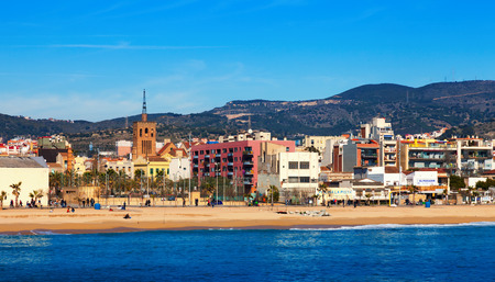 BADALONA, SPAIN - MARCH 2, 2014: Mediterranean sand beach in Badalona, Spain. City was founded by the Romans in the 3rd century BC. Now it is one of the centers of a beach holiday in Europeのeditorial素材
