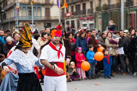 BARCELONA, CATALONIA - MARCH 2, 2014: People at Carnival Balls to the Popular Culture and Traditional Catalan  のeditorial素材