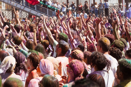 BARCELONA, SPAIN - APRIL 6, 2014: Crowd of people at IV Festival de los colores Holi Barcelona. Holi is traditional holiday of Indian Cultureのeditorial素材
