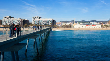 BADALONA, SPAIN - MARCH 2, 2014: View of Badalona from sea. City was founded by the Romans in the 3rd century BC. Now it is one of the centers of a beach holiday in Europeのeditorial素材