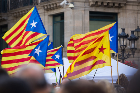  Flying Catalonia flags in cityspaceの写真素材