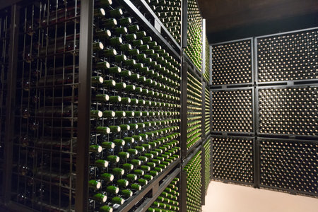 Rows of wine  bottles in winery cellar  
