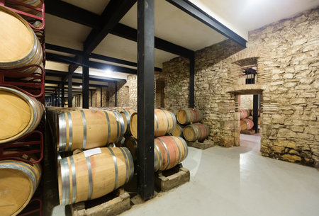 Indoor photo of   old winery with wooden barrels 