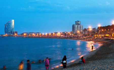  View of Barceloneta Beach in summer evening in Barcelonaのeditorial素材