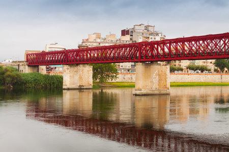 Footbridge over Ebre river in Tortosa, Spainの写真素材