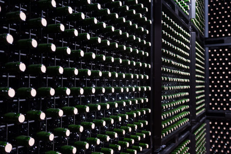 Many glass bottles in storage of winery