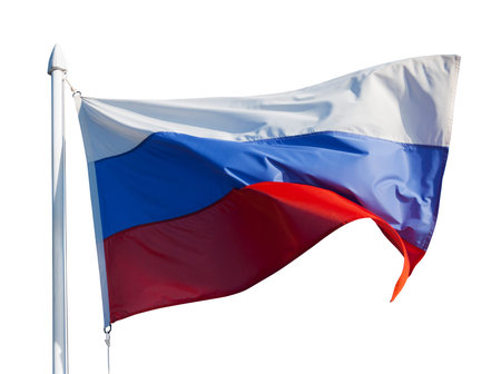 Flag of Russia in flight. Isolated over white background