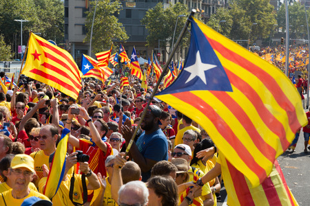 BARCELONA, SPAIN - SEPTEMBER 11, 2014: People at the rally to mark the 300th anniversary of the loss of independence of Catalonia  in Barcelonaのeditorial素材