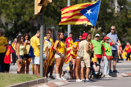 BARCELONA, SPAIN - SEPTEMBER 11, 2014: People converge on Barcelona to join rally demanding independence for Catalonia (Diada Nacional de Catalunya) in Barcelona, Spain のeditorial素材