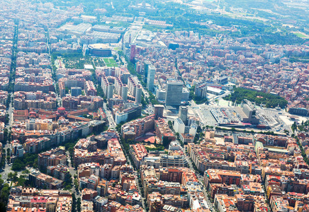 Aerial view of Barcelona with Sants station from helicopter.  Catalonia, Spainの写真素材