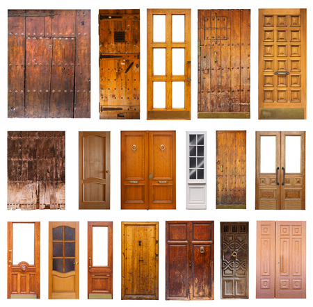 Set of many wooden doors. Isolated on white backgroundの写真素材