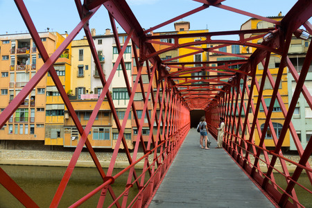 GIRONA, SPAIN - JUNE 12, 2014: Inside view of Eiffel bridge over  Onyar Riverのeditorial素材
