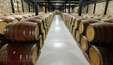 Rows with many  barrels in  winery factory