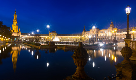 night view of Plaza de Espana with reflections. Seville, Spainの写真素材
