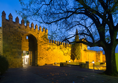 Gate of  Alcazar of Cordoba in winter evening. Spainのeditorial素材