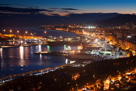 Port of Malaga from castle in  evening.    Spainのeditorial素材