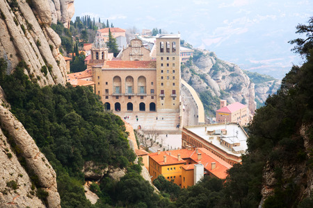 Santa Maria de Montserrat Abbey in mountains. Cataloniaのeditorial素材