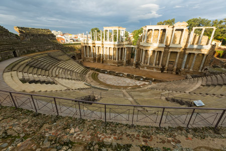 Wide angle shot of Roman Theatre   in  morning. Merida, Spain