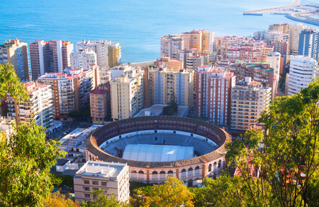 Malaga with Placa de Torros from castle in sunny time.  Andalusia, Spainのeditorial素材