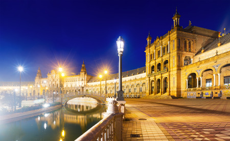 Evening  view of Plaza de Espana with river. Seville, Spainのeditorial素材