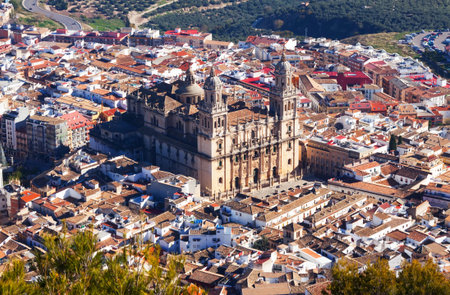 Sunny view of Jaen Cathedral from hill.   Spain