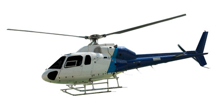 Travel helicopter with working propeller, isolated on white