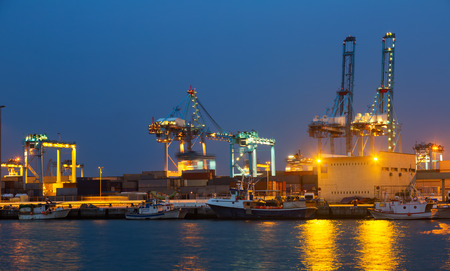 night view of   cranes  in seaport. Algeciras, Spainの写真素材